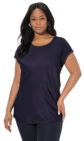 Ulla Popken Damen große Größen Übergrößen Plus Size Satinblusenshirt, Classic, Rundhals mit Glitzernaht, ärmellos Dunkles Marine 50+ 839720120-50+