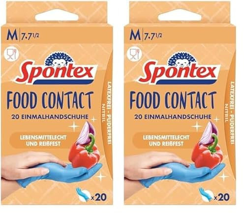 Spontex Food Contact, 20 Einmalhandschuhe aus Nitril, lebensmittelecht, latexfrei und ungepudert, Größe M (1 x 20 Stück) (Packung mit 2)