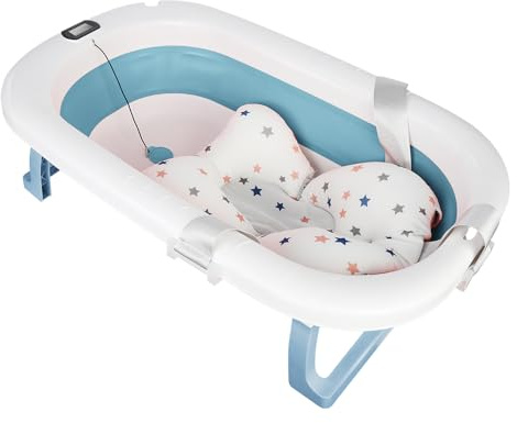 Baignoire Bebe Pliable avec Thermomètre, Coussins de Douche, Prise de Douche, Ventouse Antidérapante, Baignoire Pliable BéBé pour Nouveau-Né, 0 à 24 Mois (Bleu, 80x50x23cm)