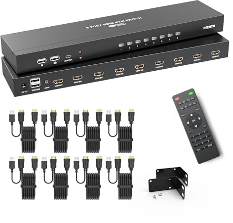 MT-VIKI 4K@60Hz HDMI KVM Switch 8 Port mit 8 Kabeln & 3,5mm Audio 19'' 1U Rackmount-KVM-Switch mit 4 USB 2.0, HDMI 2.0, HDCP 2.2