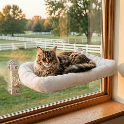 Gardner Pet Hamaca Gato Ventana con Almohadilla Lavable 71x43 cm, Blanco | 4 Ventosas de Alta Adherencia, Estructura Metálica, Carga Máxima 25 kg, Sólida y Cómoda