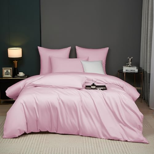 Luowei Mako Satin Bettwäsche 135x200 cm Baumwolle, 2‑teilig, Rosa | 100% Baumwolle Seidig Weich Bettwäsche Set, Oeko-TEX Atmungsaktiv und Kühlend mit Reißverschluss und Kissenbezug 80x80