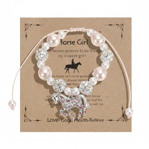 Nilioyul Pferdearmband- Pferde Mädchen Geschenk 6 7 8 jahre | Pferde Zubehör Mädchen, Glücksarmband mit Rosa Perle und Strass Kugeln