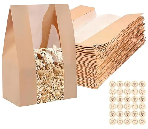 30 Pack Bread Bags with Window, Kraft Paper Bakery Bag, Reusable Food Packaging Storage Bag With Stickers, Used for Storing Bread, Cookies, Snacks, and Home Baking Packaging(35×21×9cm)