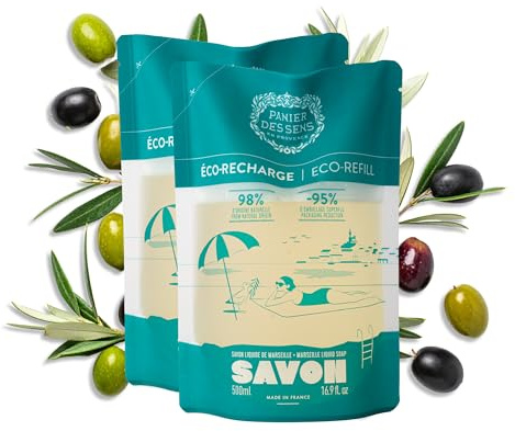 Panier des Sens Oliven Handseife Nachfüllbeutel 2x 500ml - Marseille Seife | Limitierte Edition Savon de Marseille Feuchtigkeitsspendende Flüssigseife Nachfüllpack, für eine Sanfte tägliche Reinigung