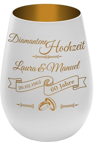 Windlicht für Hochzeitstag 60 Jahre Weiß/Gold mit graviertem Motiv 'Diamantene Hochzeit' – personalisierte Deko, Geschenk für Jubiläum – Teelichthalter, Kerzenhalter