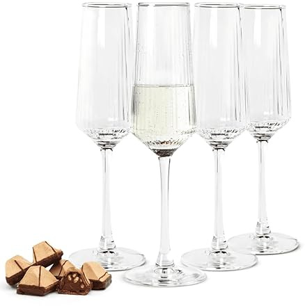 Sendez 4er Set Sektgläser 250 ml geriffelt aus Glas elegant spülmaschinengeeignet Prosecco Gläser Champagner Gläser Sektflöten transparent