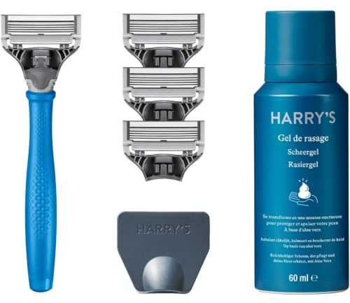 Harry’s Nassrasierer für Männer – Rasier-Set mit orangefarbenem Griff, 5 Ersatz-Rasierklingen, Reise-Klingen-Cover, 60ml Rasiergel Rasierer, Rasierklingen für Herren, Rasier Klingen