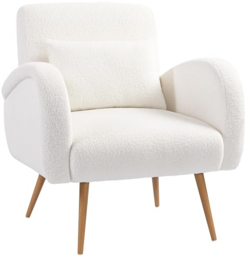 HOMCOM Modern Accent Chair Teddy Fleece Armchair Lumbar Pillow Cream White | Upholstered, Metal Legs, Reading, Living Room, Bedroom