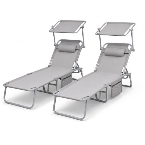LORVIK Pack 2 tumbonas Plegables con Parasol Ajustable y cojín reposacabezas – Respaldo multiposición, Bolsillo Lateral, Estructura metálica, jardín terraza Piscina y Playa, Gris