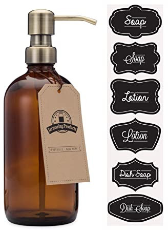 Jarmazing Products Bernsteinfarbene Glasflasche Seifen- und Lotionspender mit Messing-Metallpumpe - 16 Oz (473 ml)