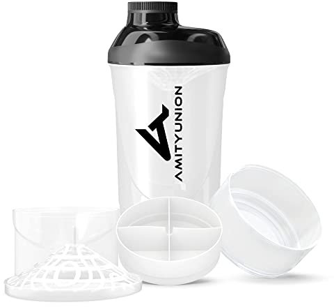 AMITYUNION Deluxe Shaker 700ml - Premium Eiweiß Shaker auslaufsicher - BPA frei mit Sieb, Skala für Protien Pulver, Fitness Becher für Isolate, Sport Konzentrate mit 2 Containern in Weiß Schwarz Cup