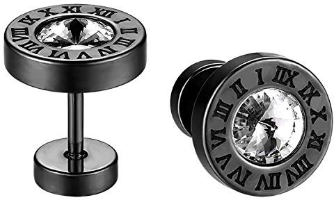 JewelryWe Römische Ziffern Ohrstecker mit Zirkonia: Schwarz Edelstahl Römische Zahlen Glitzern Gestüt Ohrringe Unisex Strass Ohrringe Fake Plugs Ohr Cheater Tunnel Piercing Schmuck für Damen Herren