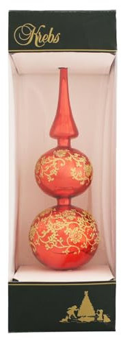 Krebs Glas Lauscha Christbaumspitze Rot Glänzend mit Dekor ca. 34 cm, aus Glas, mundgeblasener Baumschmuck, Baumspitze
