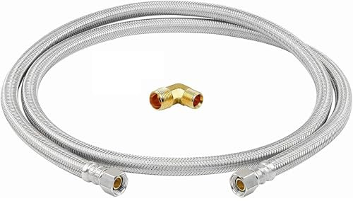 EZ-Fluid 60 Dishwasher Stainless Steel Hose for Cold/Hot Water hose connectors,3/8 Female Comp. x 3/8 Female Comp. x 5FT Dishwasher Water Supply Line w/Male Comp. Elbow