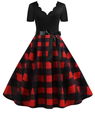 EFOFEI Femme Robe à Carreaux à Manches Courtes Robe Hepburn Rockabilly Swing Robe à Pois à Col en V Rouge 3XL