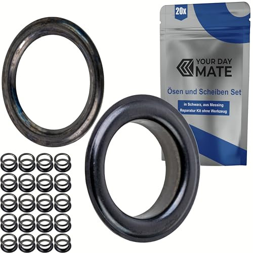 Ösen und Scheiben Set, Ø 11 mm innen, 20 Paare, in Silber-Schwarz, Messing, Kit ohne Zange, Ösen Scheiben für Plane, Bekleidung, Bastelarbeiten, Deko, DIY Tülle, Rundring Patches Kordel, Ösenscheiben