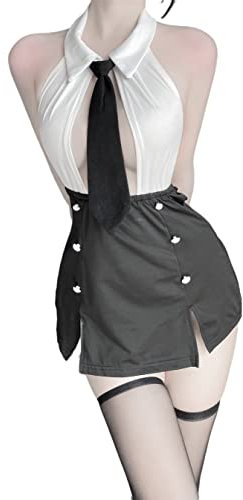 SINGUYUN Damen-Kostüm für Büro, Sekretärin, Uniform, sexy Lehrer-Kostüm, Cosplay, Dessous mit Socken (2489White Black), 2489 Weiß Schwarz, Einheitsgröße