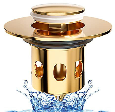 Tappo Lavandino Bagno Universale Pop Up 33.5-41.5mm, Tappo Lavabo a Scomparsa con Filtro Anti Clogging Antiodore, Filtro di Scarico Rimbalzonti-riflusso, Per Lavandini e Scarichi -Oro