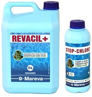 Mareva Pack Bactéricide Revacil+ - Désinfectant sans Chlore - 5 L - Stop Chlore - 1 L