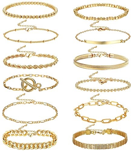 CASSIECA 12Pcs Gold Chain Bracelets Set for Women 14K Gold Plated Link Chain Bracelets Boho Stackable Bracelets Paperclip Cuban Cuff Bangle Beaded Layered Link Chain Bracelets Set