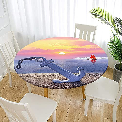 Morbuy Rund Tischdecke Elastisch, Anker Drucken Rund Tischdecken Wasserdicht Lotuseffekt Abwaschbar Abwischbar Tischtuch für Dekoration Küchentisch Garten Outdoor (Durchmesser 130cm,Sonnenuntergang)