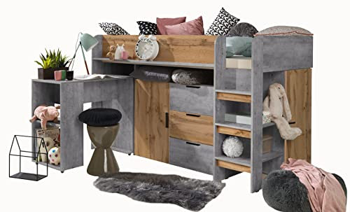 MEBLE KRYSPOL KONKRET 1 Hochbett für Kinder, Jugendliche mit Stauraum - Etagenbett mit Schreibtisch, Schrank, Regal, Schubladen, Treppe - 203,3x106,6x125 cm - Beton, Eiche Wotan, Schwarz