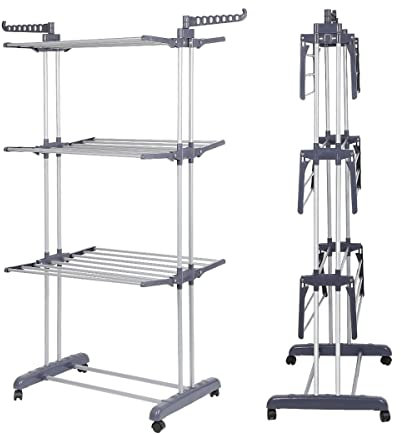 XUANYU Séchoir à Linge sur Pied, Étendoir a Linge Pliable et Portable, 3 Niveaux, Sechoir a Vêtements pour Intérieur/Extérieur, Acier INOX et Plastique, 75×49×170 cm (Gris-argenté)