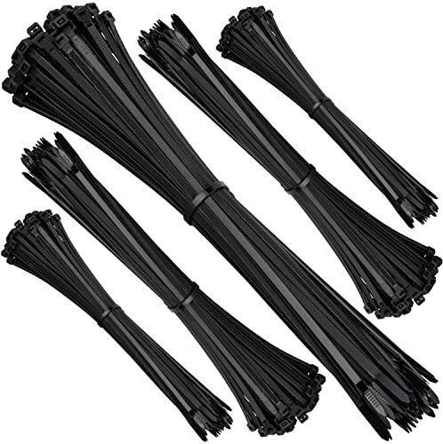 ISOLATECH Kabelbinder schwarz uv beständig groß klein lang flach Set 500 Stk je 100 Stk: 150mm x 3,6mm, 200mm x 3,6mm, 250mm x 4,8mm, 300mm x 4,8mm, 370mm x 4,8mm