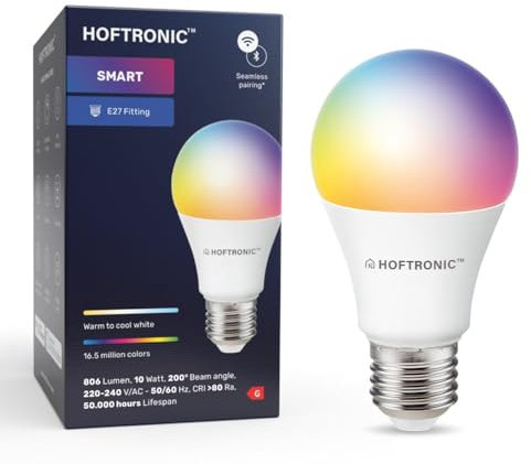 HOFTRONIC - Lampada LED Smart Home E27 - Colorato RGBWW - 10 Watt 806 lumen - WiFi + Bluetooth - Controllabile tramite telefono cellulare e lingua (Google Home, Alexa e Siri)
