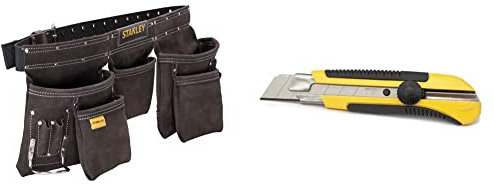 STANLEY Porte Outils Double Ceinture - Nombreuses Poches - Cuir de Qualité Supérieure - Dimensions 145 x 9 x 26 cm STST1-80113 & 0-10-425 Cutter 25 mm Bi-matière Dynagrip - Blocage de La Lame