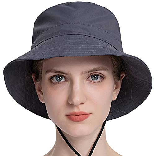 WANYIG Sonnenhut Damen Faltbar Pferdeschwanz UV Schutz Sommerhut Frauen Outdoor Hut Gartenhut Wanderhut Anglerhut Boonie Hat mit Kinnband und Zopfloch(Dunkelgrau)