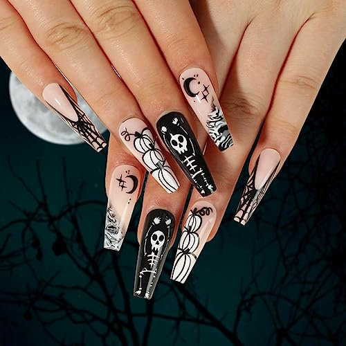 Cubahop Künstliche Fingernägel zum Aufkleben auf Nägeln, Sarg, schwarz, Halloween, menschliches Skelett, Kürbisspinne, künstliche Nägel zum Aufkleben für Frauen und Mädchen, 24 Stück