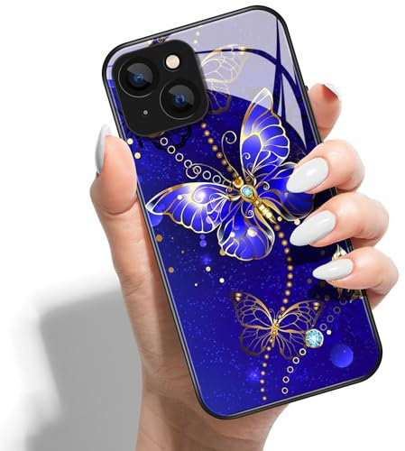 Handyhülle für iPhone 12 Mini 5.4 HD Glas PC Hardcase Drucken Rückseite mit Silikon Hülle Schutzhülle Case Cover Muster Design für Mädchen Jungen - Großer Blauer Schmetterling