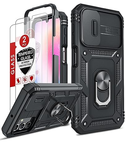 LeYi for Samsung Galaxy A25 5G Case with Camera Cover Slider, Full Body Armour Shockproof Phone Cover | 2 Pack Tempered Glass Screen Protector | Ring Stand Holder for Samsung A 25 Black