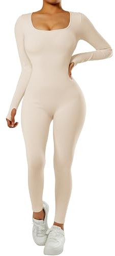 DOULAFASS Nahtloser Gerippter Langarm Jumpsuit Damen Eng Square Neck Bauch Weg Full Body Einteiler Yoga Sport Body Romper Aprikose M