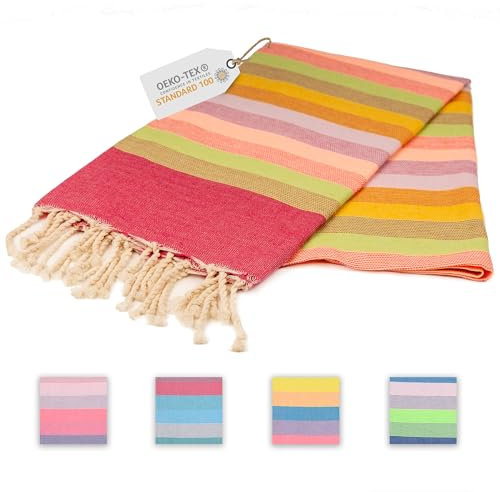 Sandrella | Hamamtuch | Recycelte Baumwolle | Sauna-, Strand-, Dusch-, Bade- & Yogatuch | 90x170cm | Gestreift – Dunkelrot/Grün/Rosa/Lila/Gelb