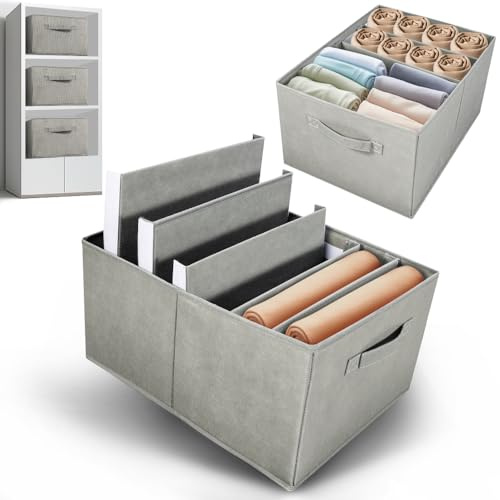 Everkeen Kleiderschrank Organizer 2 Stück Schrank Schubladen Organizer mit 10 Herausnehmbare Trennwände 40x30x22cm Faltbare Ordnungssystem Kleiderschrank Aufbewahrungsboxen für Hosen Kleidung Grau