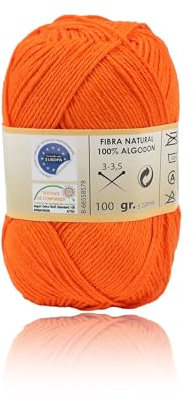 H HANSEL HOME Ovillo de Algodón Premium 100% Natural - Perfecto para Tejer y Ganchillo, Ideal para Crochet y Amigurumi, Naranja, 100gr, 220m