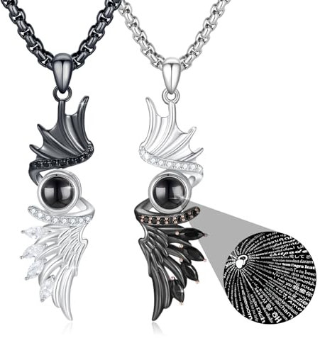 REDSUN Paar Halskette Flügel Kette Anhänger 925 Sterling Silber 2PCS I Love You 100 Sprachen Ich Liebe Dich Projektion Liebesgeschenk Valentinstag Weihnachten Geschenk für Frau