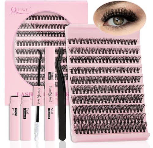 Eyelash-Extension Kit QUEWEL 40D Lash Clusters Thin Band with Bond and Seal Strong hold and Waterproof, Cluster-Lashes Applicator, DIY Lash Extensions User Manual at Home (QD02-MIX8-18)