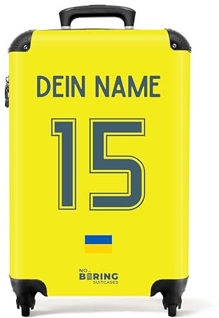 NoBoringSuitcases.com Handgepäck Koffer, Koffer Personalisiert, Reisekoffer, Reisetasche mit Rollen, TSA Schloss, Hartschalenkoffer, Handgepäck 55x40x20 cm (EM 2024 - Heimtrikot Ukraine 2022 - Gelb)