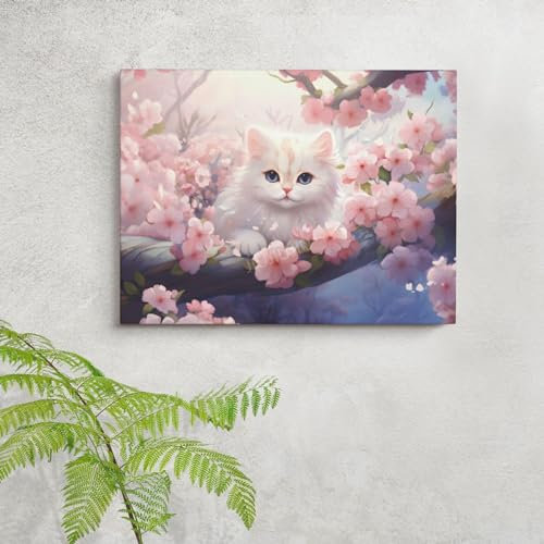 JIUJIUJIU Posters and Prints Sakura White Cat Wall Art Canvas Posters Artwork Decorative Paintings for Bedroom Living Room Decoration