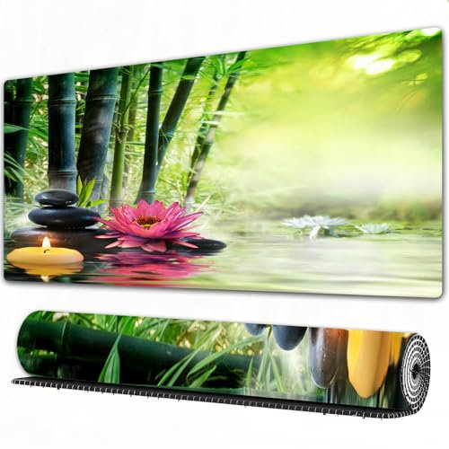 EOMKSE Grand Tapis de Souris de Jeu,Spa Lotus en Bambou pour Fleur de méditation Orientale Japonaise Asiatique Zen,avec Bords surpiqués et Dos antidérapant,sous-Main pour Clavier et Souris,40x90 cm