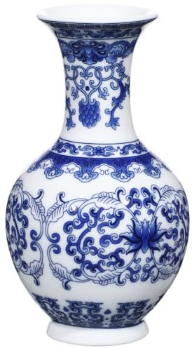 Chinoiserie Vase Blue and White Decor, Chinese Painted Ball Ceramic Vase Porcelain Decorative Flower Holder for Home Decortion Living Room, Bookshelf, Mantle Fireplace, Table Centerpieces