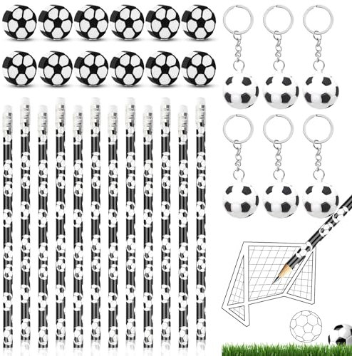 Rdlobu 36 Stück Fußball Mitgebsel Set 12 Fußball Bleistifte HB + 12 Fußball Radiergummi + 12 Fußball Schlüsselanhänger, Fussball Mitgebsel für Schule, Fußball-Themen-Kindergeburtstag Gastgeschenke