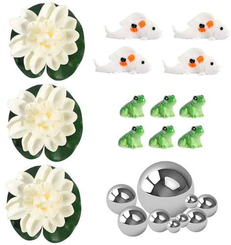 YGKYMVW Klein Garten Teiche Deko Set, Miniteich Deko mit 6 Frösche 9 Silber Kugeln 4 Koi Karpfen und 3 Lotusblüte, Garten Verzierungs Dekoration für Miniteich Springbrunnen Teichbecken