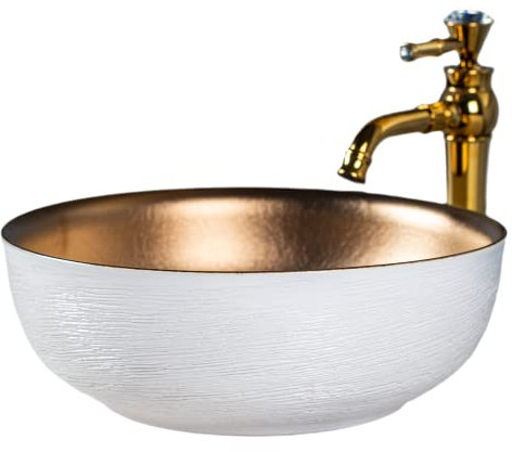 Keramik Arbeitsplatte Waschbecken mit Gold Wasserhahn und Pop-up Abfluss für Badezimmer Kunst Jingdezhen Unique Craft Weiß Gold Lavabo mit für Vanity Top