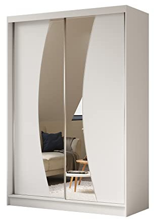 Margaret Hadas24 Kleiderschrank Vex mit Spiegel, Organizer, Mehrzweckschrank, Schwebetürenschrank, Garderobenschrank, Kleiderstange, Kleiderständer, Flurschrank, 2-türig, Schrank, weiß, 150 cm