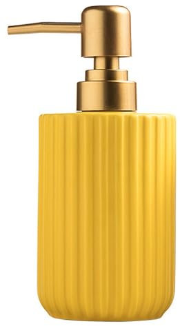 Chic Distributeur de savon en forme de cylindre, design à rayures verticales avec pompe dorée, distributeur de lotion en céramique (jaune)